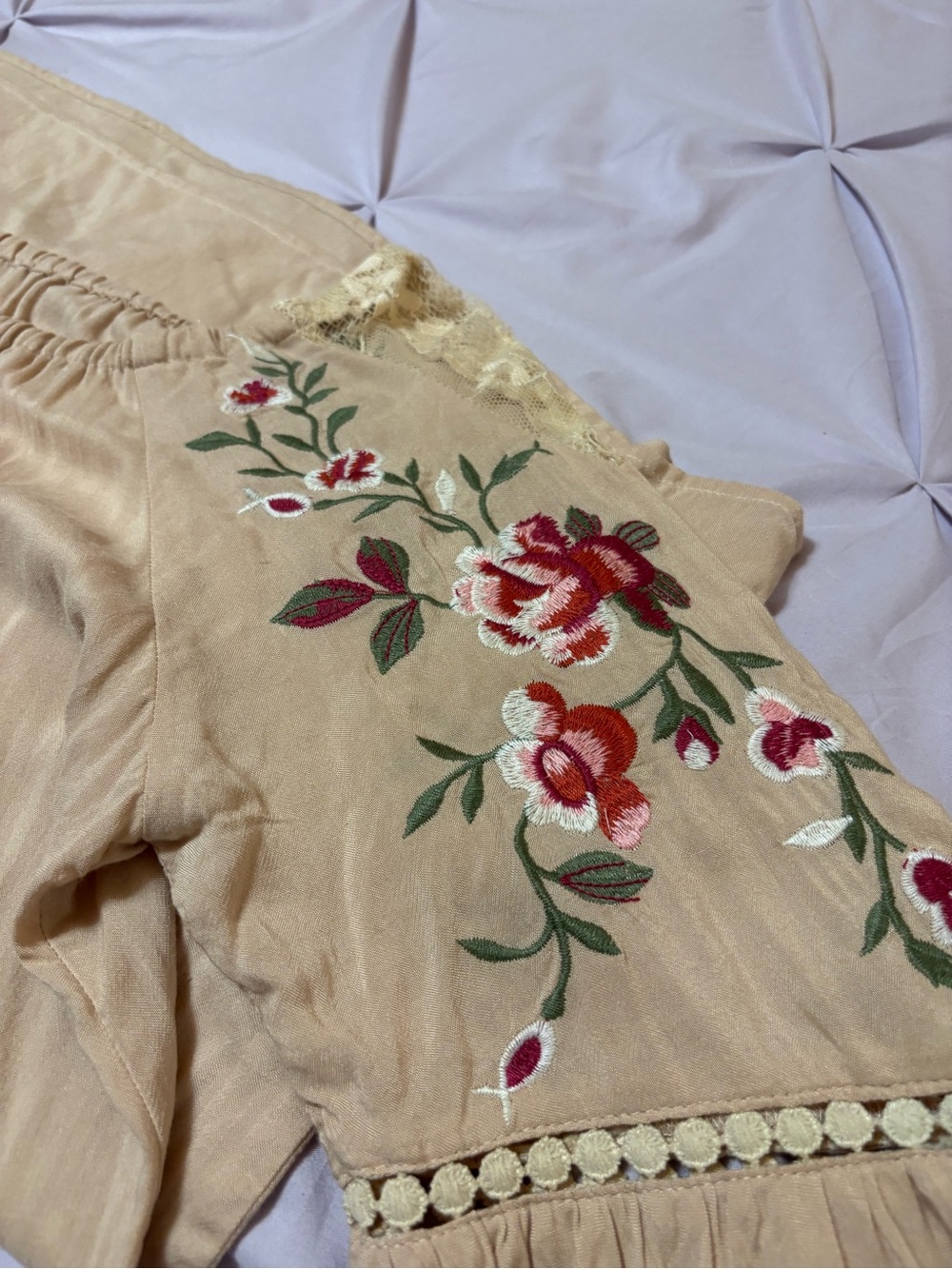 Umgee Beige Embroidered Bell-Sleeve Peasant Top Embroidered Flowers and Lace - Picture 11 of 12